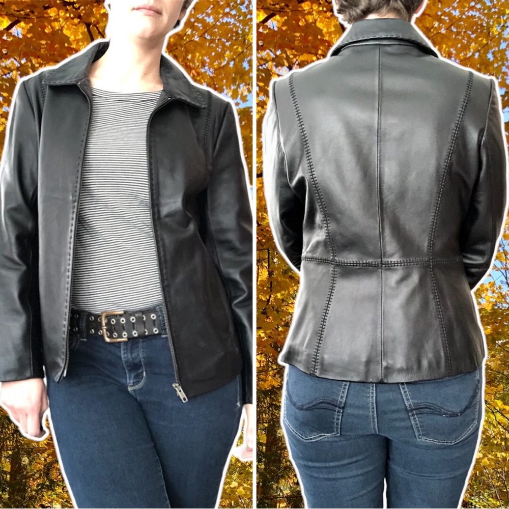 Sleek Alfani Black Leather Jacket with Frankenstein Stitch Detailing